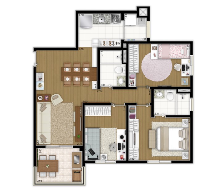 condominio-flex-guarulhos-planta 76m² 3 dorms